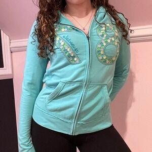 y2k aeropastale teal floral embroidered number zip up hoodie small